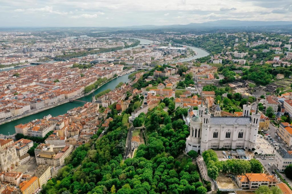 View of the Notre-Dame de Fourviere Basilica in Lyon France